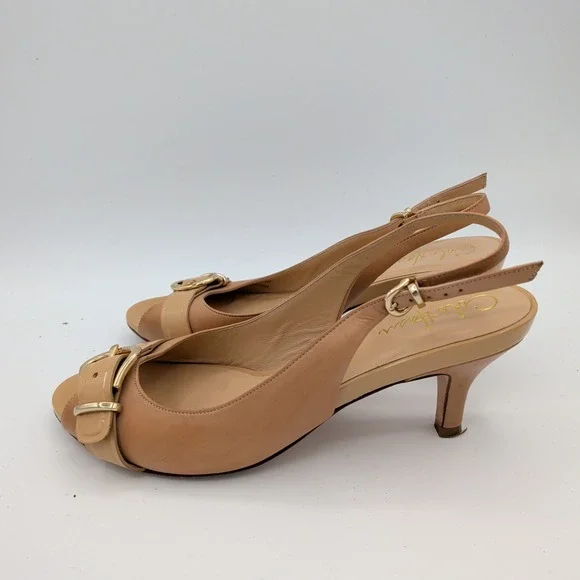 Cole Haan Nike Air Tan Leather Slingback Peep Toe Buckle Pumps D34253 Womens 8B - Picture 2 of 8